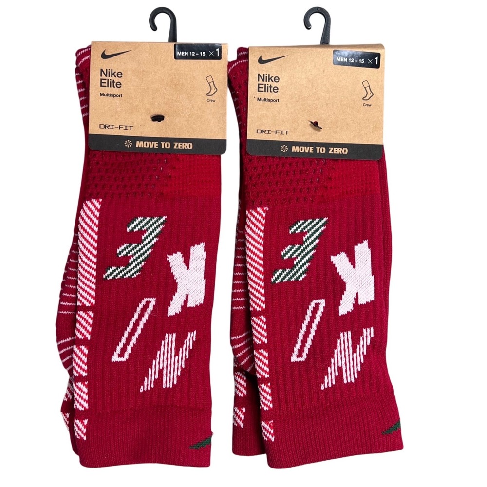 Nike Elite Red Holiday Christmas Crew Socks Mens XL 12-15 Red Dri-FIT 2 Pair NEW